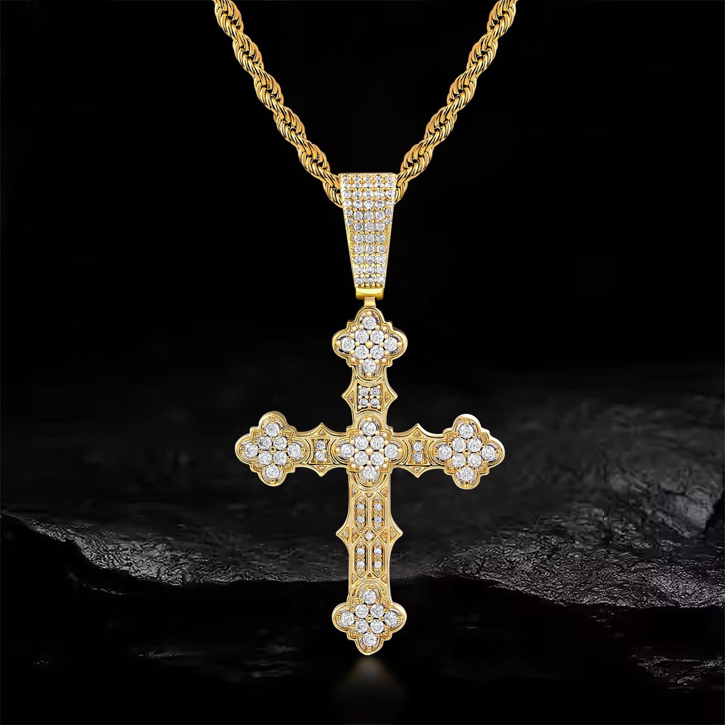 Fthway Royal Cross – Intricate Moissanite Pendant in Gold-Plated Sterling Silver