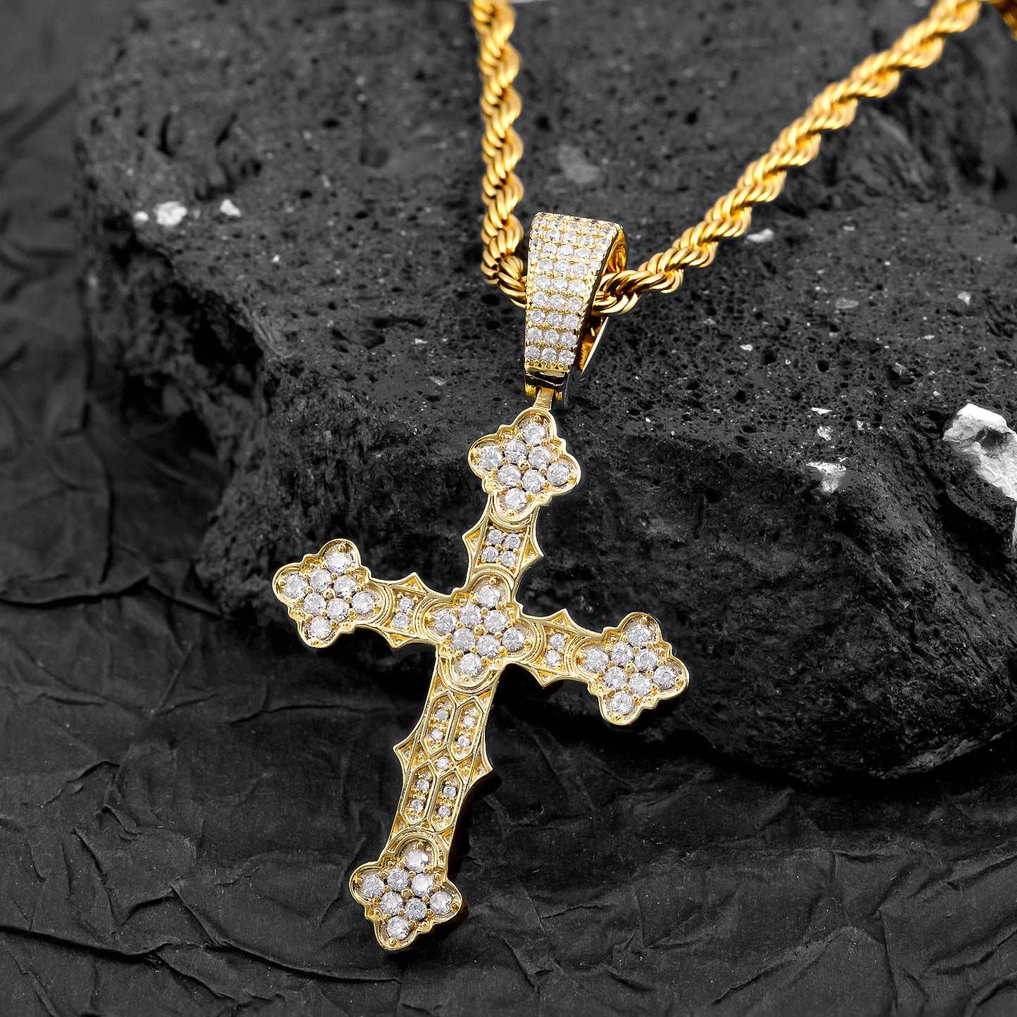 Fthway Royal Cross – Intricate Moissanite Pendant in Gold-Plated Sterling Silver