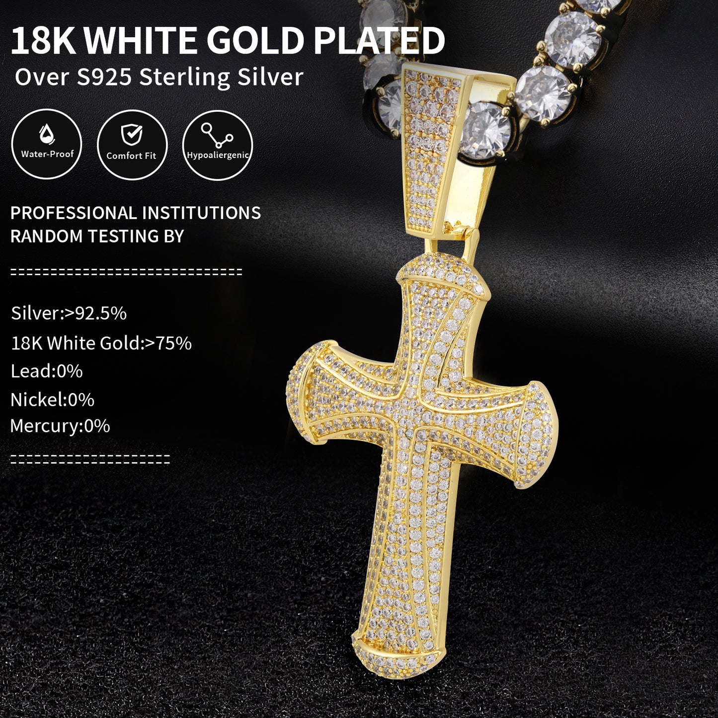 Fthway Signature Luxe Cross – Moissanite-Encrusted Pendant in 18K Gold Plated Silver
