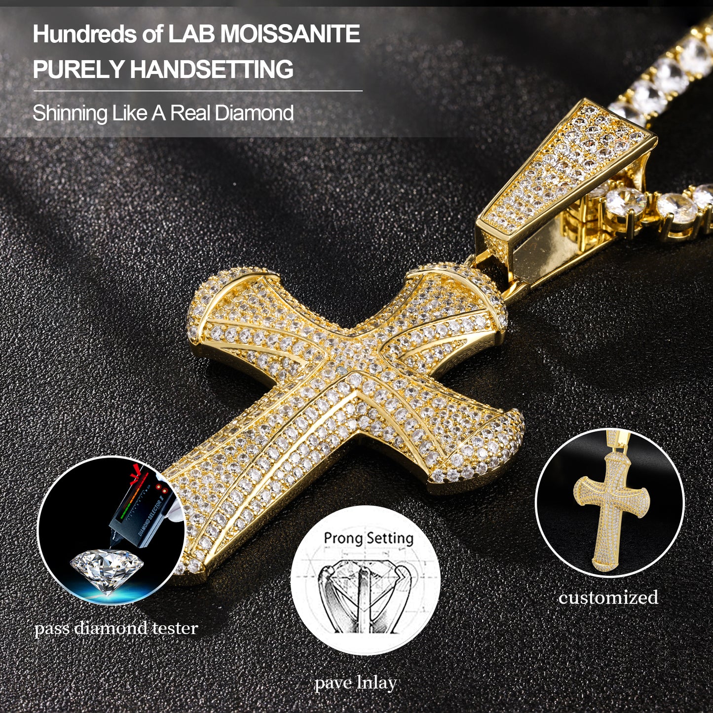 Fthway Signature Luxe Cross – Moissanite-Encrusted Pendant in 18K Gold Plated Silver