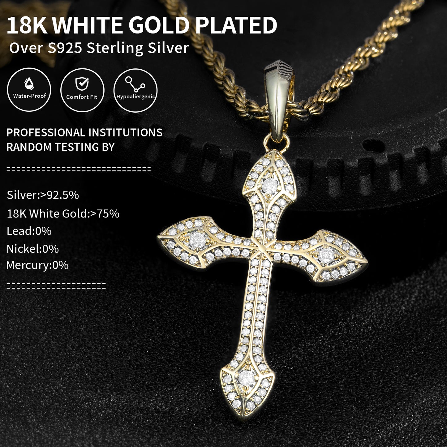 Fthway DivineEdge™ Moissanite Cross Necklace – 18K White Gold Over 925 Silver