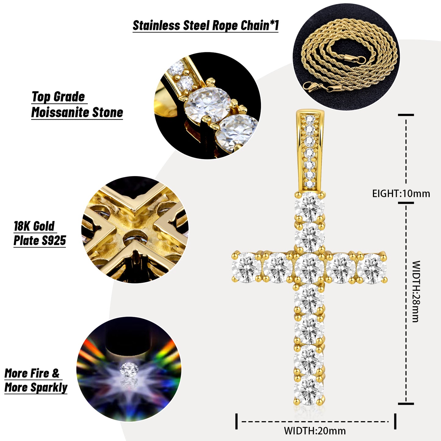 Fthway EternalFire™ Moissanite Cross Necklace – 18K Gold Over S925 with Rope Chain
