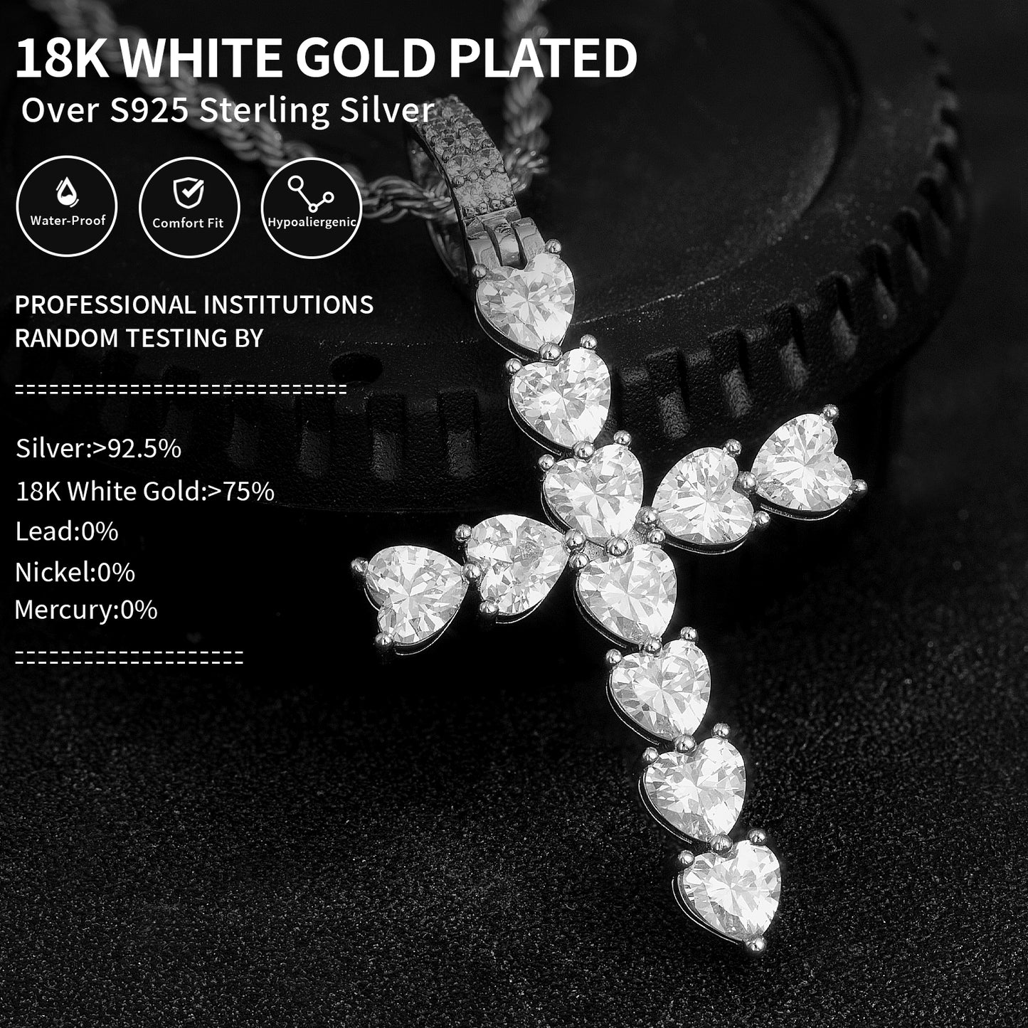 Fthway PureGrace™ Moissanite Cross Necklace – 18K White Gold Over 925 Silver