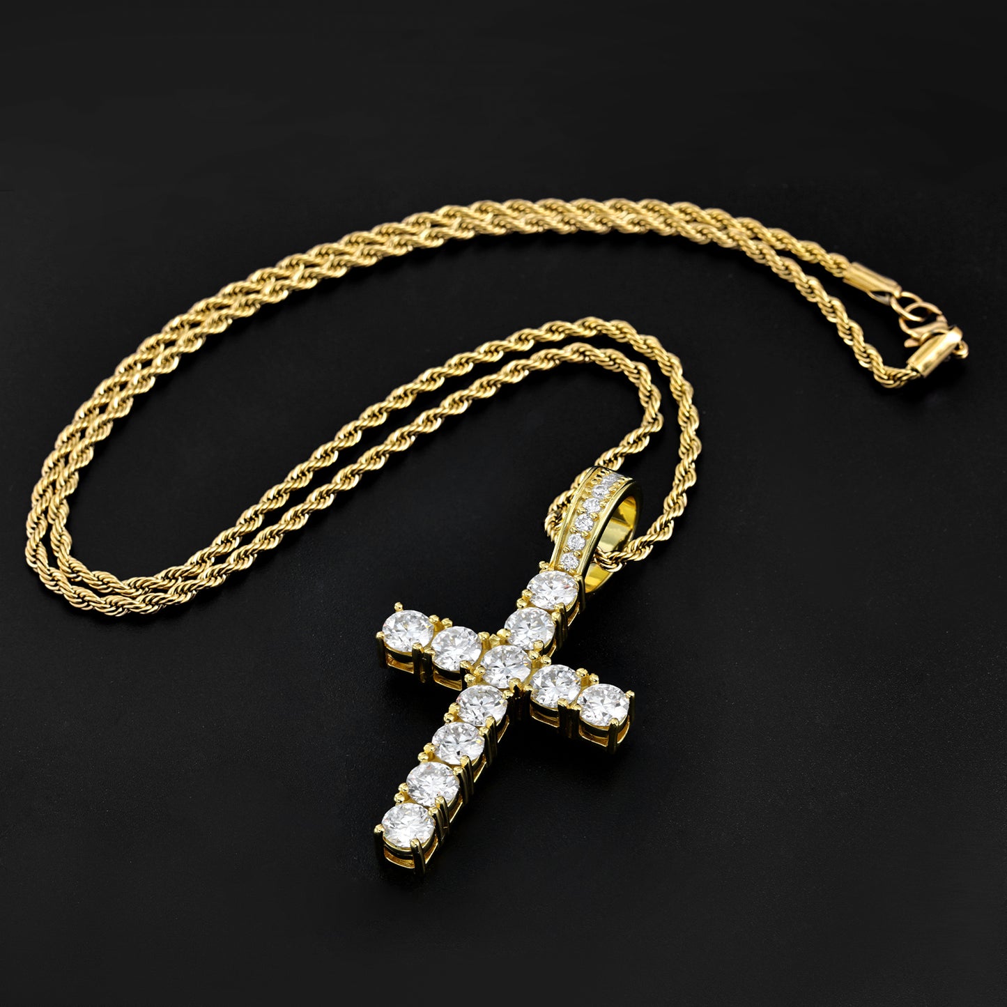 Fthway EternalFire™ Moissanite Cross Necklace – 18K Gold Over S925 with Rope Chain