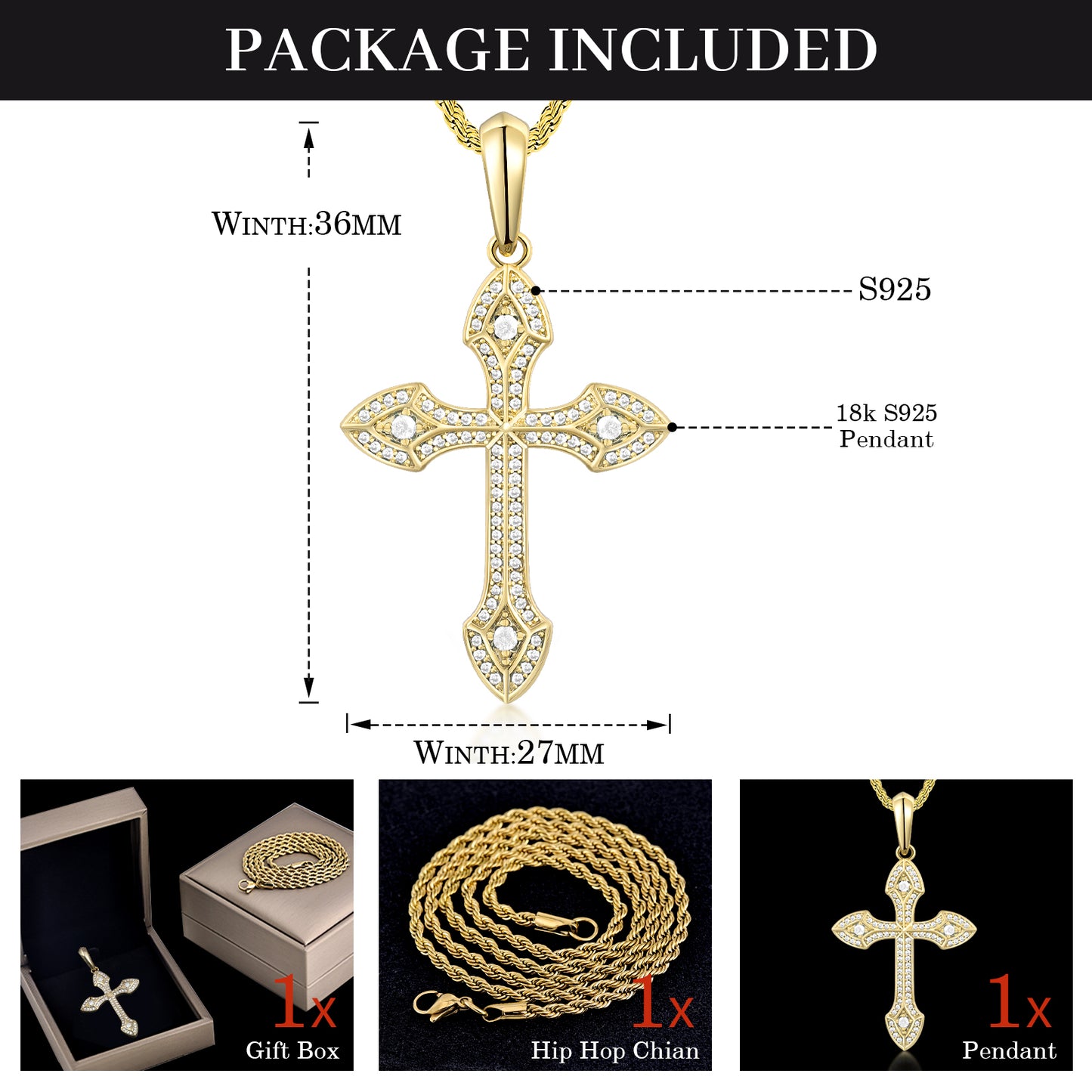 Fthway DivineEdge™ Moissanite Cross Necklace – 18K White Gold Over 925 Silver