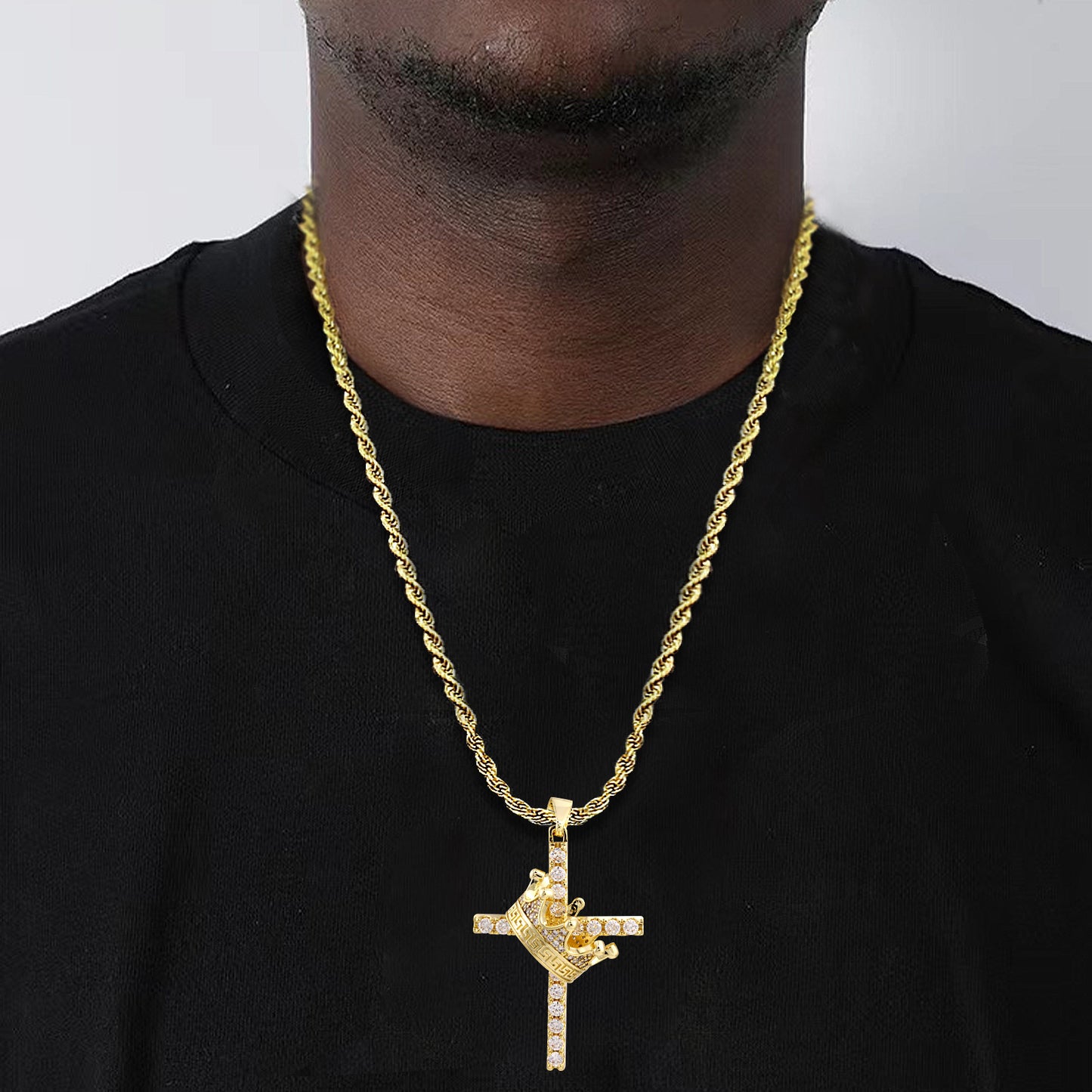 Faith & Royalty – Crown Over Cross Necklace in 925 Silver & Moissanite
