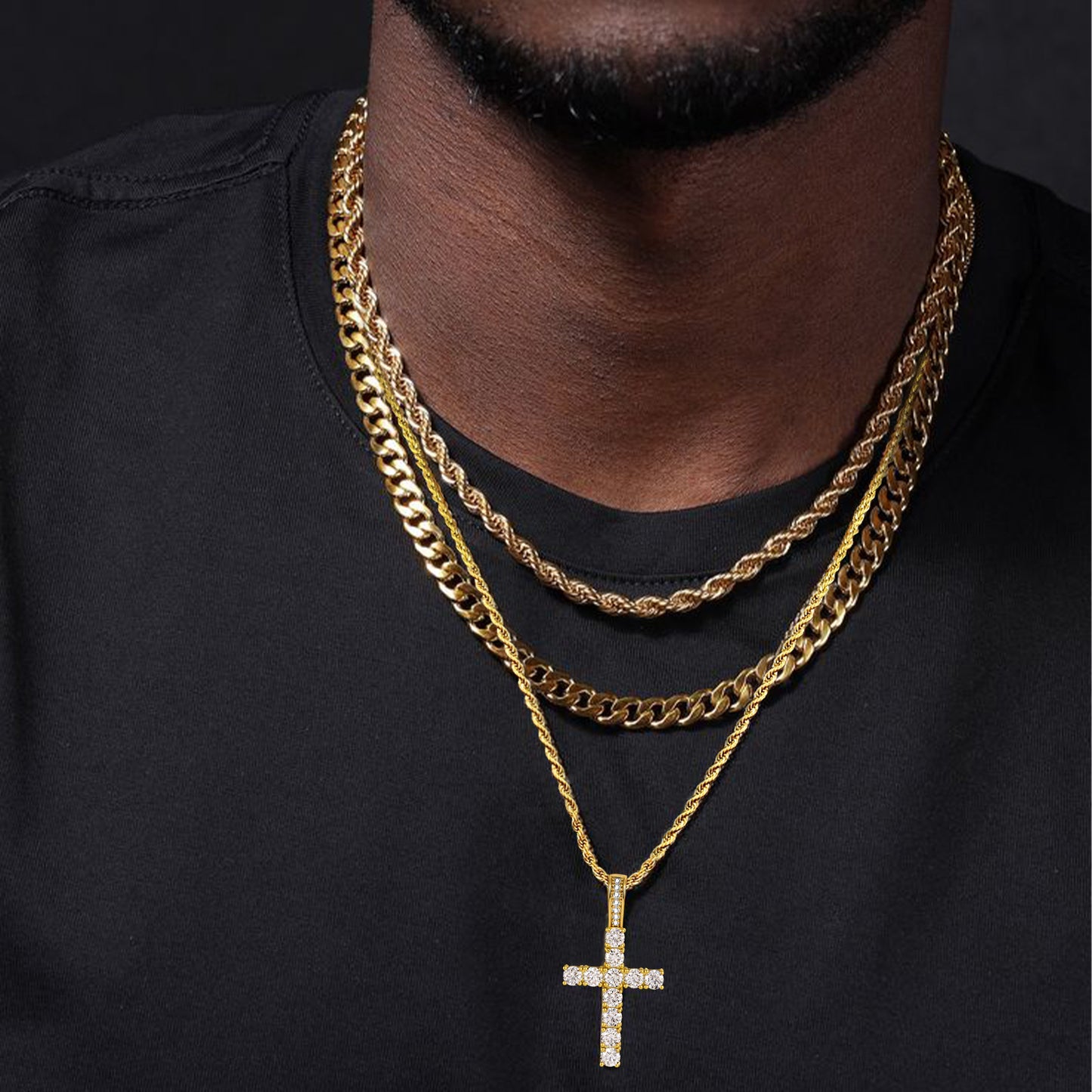 Fthway EternalFire™ Moissanite Cross Necklace – 18K Gold Over S925 with Rope Chain