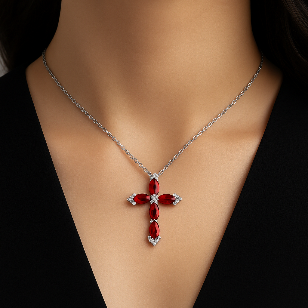 Crimson Radiance – 925 Sterling Silver Crystal Cross Necklace