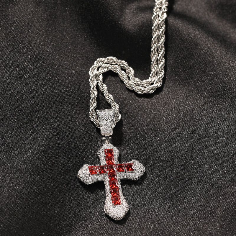 Hip Hop Blue CZ Cross Necklace for Men – Heavy Punk Style Pendant with Stainless Steel Twist Rope Chain
