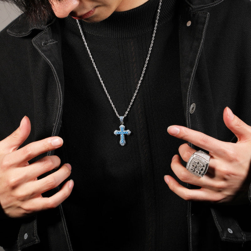 Hip Hop Blue CZ Cross Necklace for Men – Heavy Punk Style Pendant with Stainless Steel Twist Rope Chain
