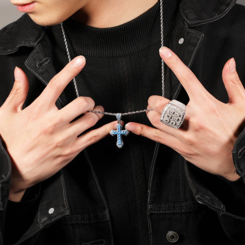 Hip Hop Blue CZ Cross Necklace for Men – Heavy Punk Style Pendant with Stainless Steel Twist Rope Chain