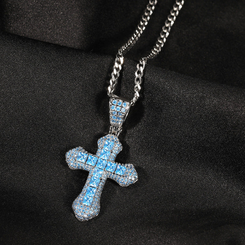 Hip Hop Blue CZ Cross Necklace for Men – Heavy Punk Style Pendant with Stainless Steel Twist Rope Chain