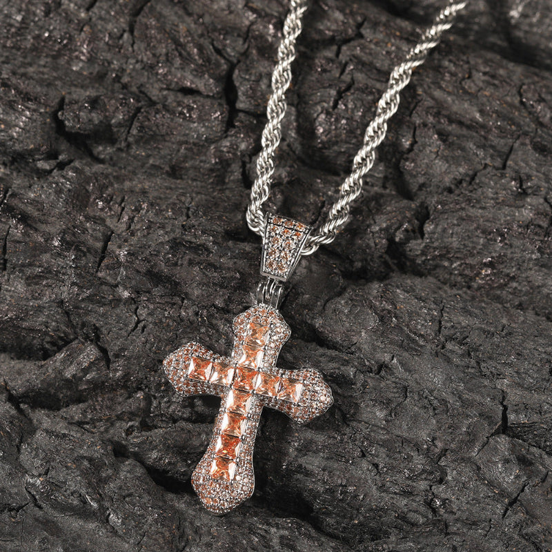 Hip Hop Blue CZ Cross Necklace for Men – Heavy Punk Style Pendant with Stainless Steel Twist Rope Chain