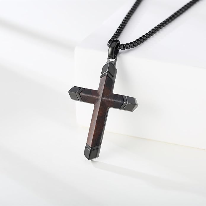 Fthway Men's Wooden Cross Necklace – Ebony & Black Steel Pendant with 24" Chain