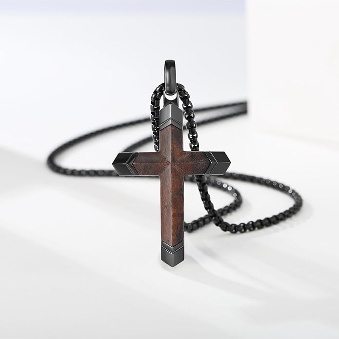 Fthway Men's Wooden Cross Necklace – Ebony & Black Steel Pendant with 24" Chain
