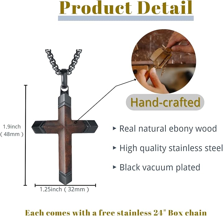 Fthway Men's Wooden Cross Necklace – Ebony & Black Steel Pendant with 24" Chain