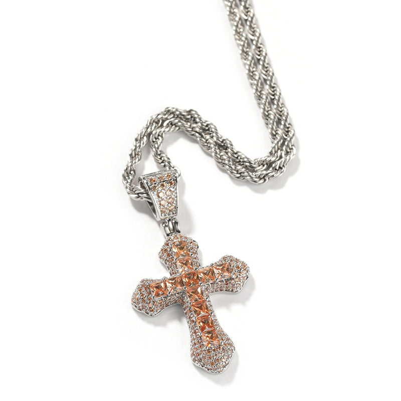 Hip Hop Blue CZ Cross Necklace for Men – Heavy Punk Style Pendant with Stainless Steel Twist Rope Chain