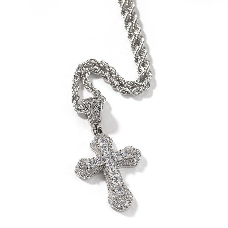 Hip Hop Blue CZ Cross Necklace for Men – Heavy Punk Style Pendant with Stainless Steel Twist Rope Chain