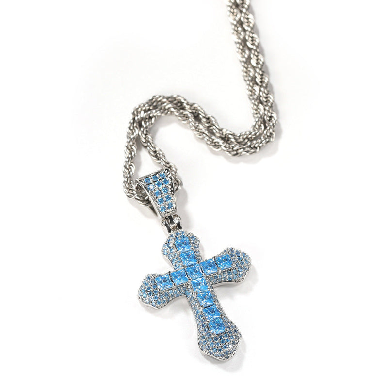 Hip Hop Blue CZ Cross Necklace for Men – Heavy Punk Style Pendant with Stainless Steel Twist Rope Chain