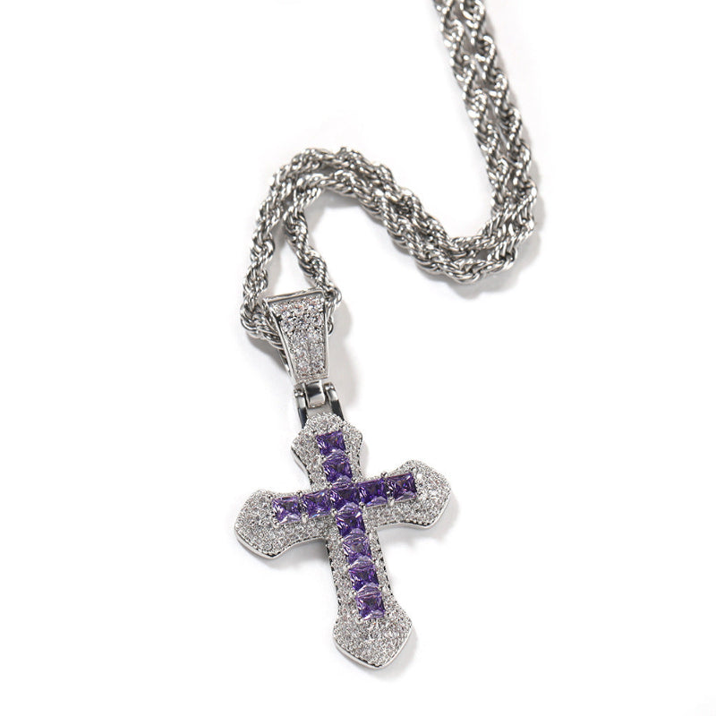 Hip Hop Blue CZ Cross Necklace for Men – Heavy Punk Style Pendant with Stainless Steel Twist Rope Chain