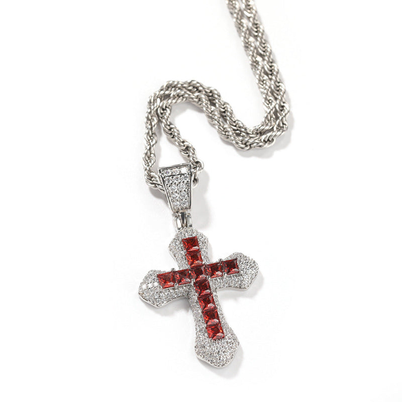 Hip Hop Blue CZ Cross Necklace for Men – Heavy Punk Style Pendant with Stainless Steel Twist Rope Chain
