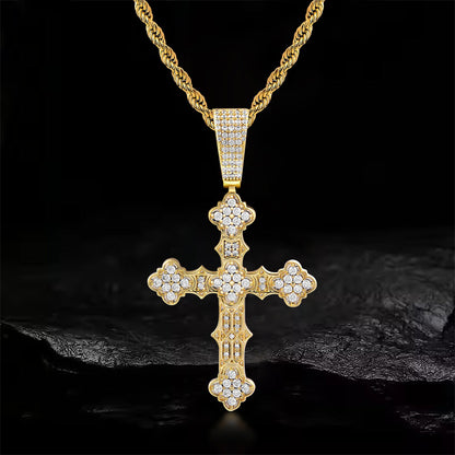 Fthway Royal Cross – Intricate Moissanite Pendant in Gold-Plated Sterling Silver