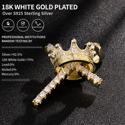 Faith & Royalty – Crown Over Cross Necklace in 925 Silver & Moissanite