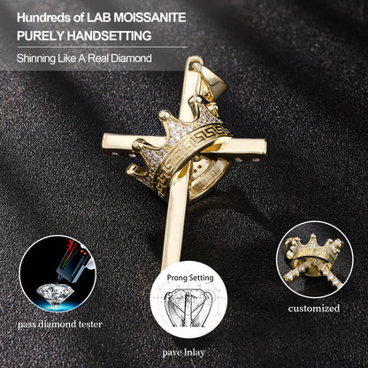Faith & Royalty – Crown Over Cross Necklace in 925 Silver & Moissanite