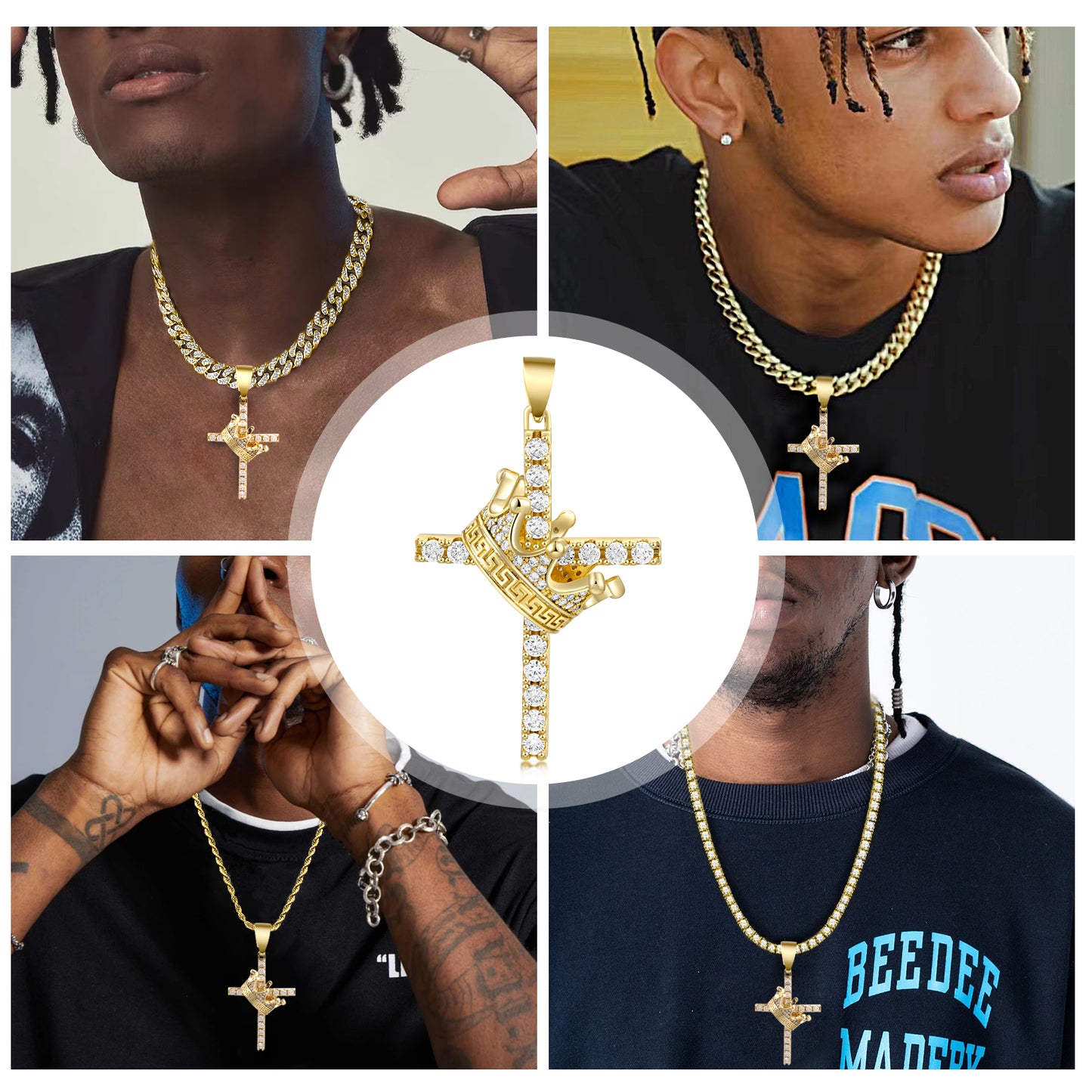 Faith & Royalty – Crown Over Cross Necklace in 925 Silver & Moissanite