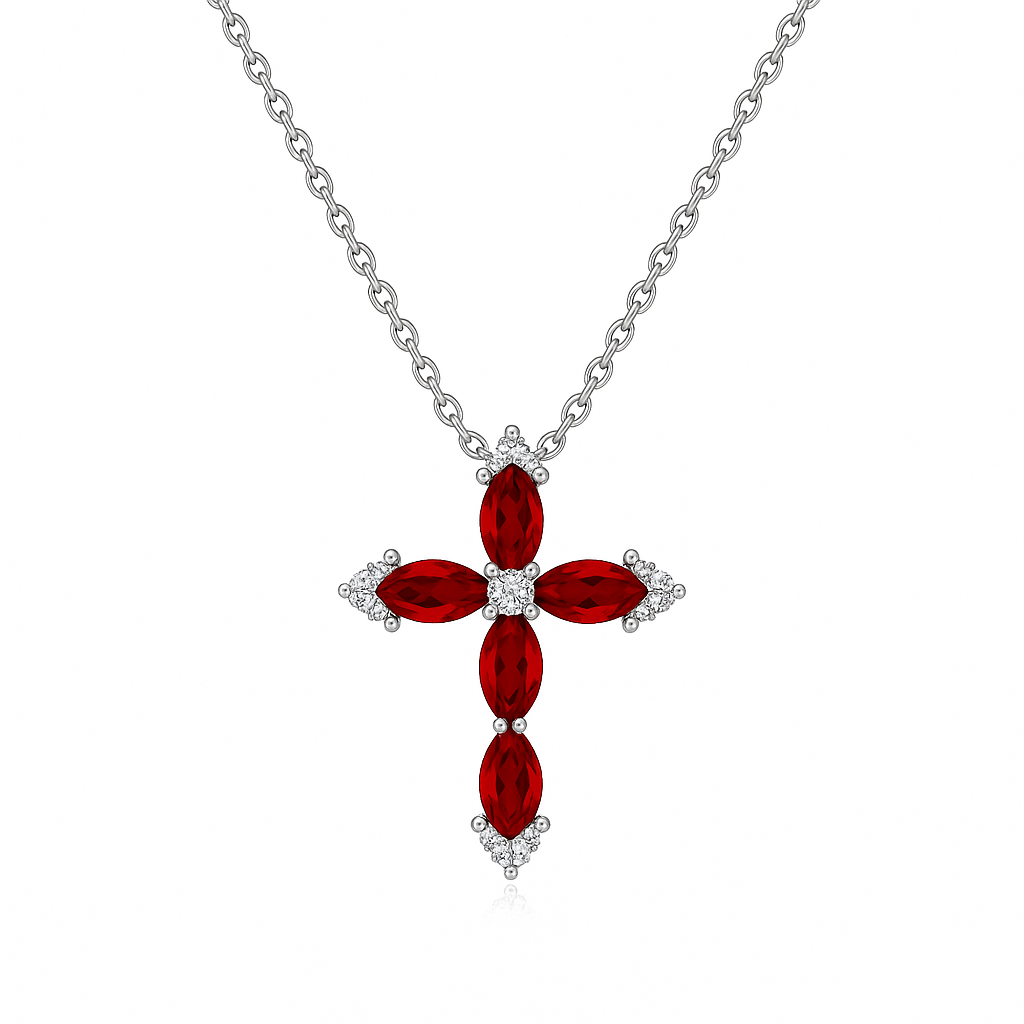 Crimson Radiance – 925 Sterling Silver Crystal Cross Necklace