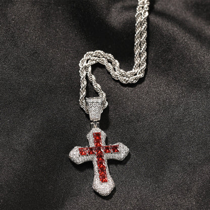 Hip Hop Blue CZ Cross Necklace for Men – Heavy Punk Style Pendant with Stainless Steel Twist Rope Chain