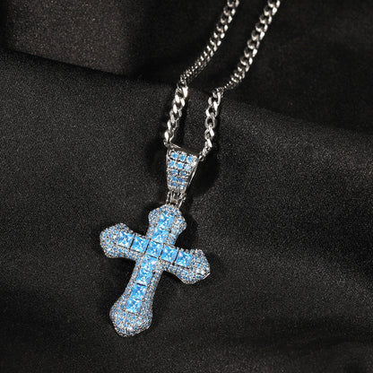 Hip Hop Blue CZ Cross Necklace for Men – Heavy Punk Style Pendant with Stainless Steel Twist Rope Chain