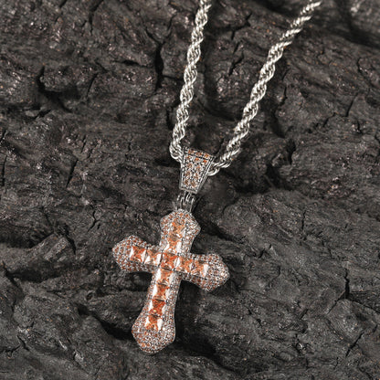 Hip Hop Blue CZ Cross Necklace for Men – Heavy Punk Style Pendant with Stainless Steel Twist Rope Chain