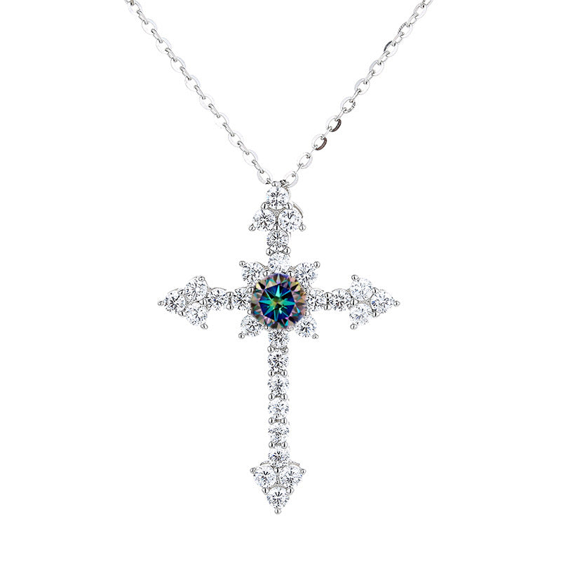 Starburst Moissanite Cross Necklace – 925 Sterling Silver