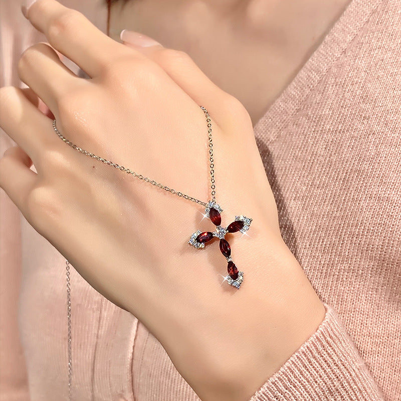 Crimson Radiance – 925 Sterling Silver Crystal Cross Necklace
