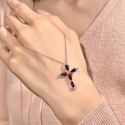 Crimson Radiance – 925 Sterling Silver Crystal Cross Necklace