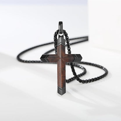 Fthway Men's Wooden Cross Necklace – Ebony & Black Steel Pendant with 24" Chain