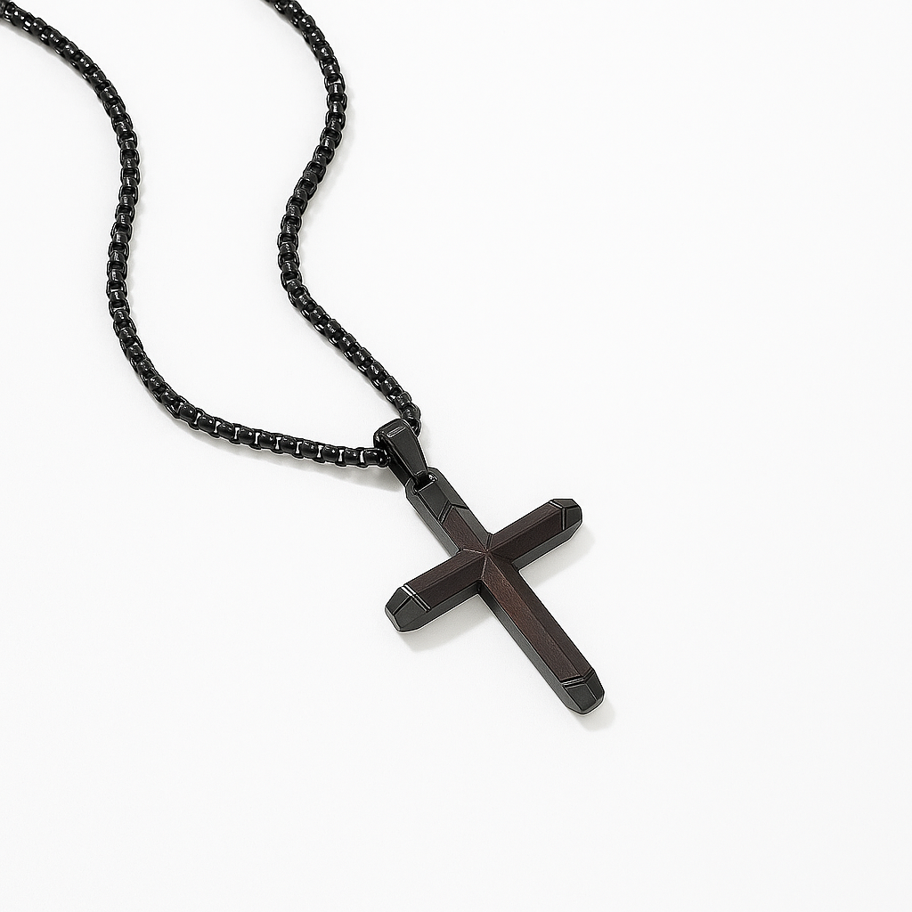 Fthway Men's Wooden Cross Necklace – Ebony & Black Steel Pendant with 24" Chain