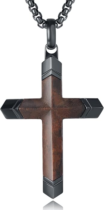 Fthway Men's Wooden Cross Necklace – Ebony & Black Steel Pendant with 24" Chain