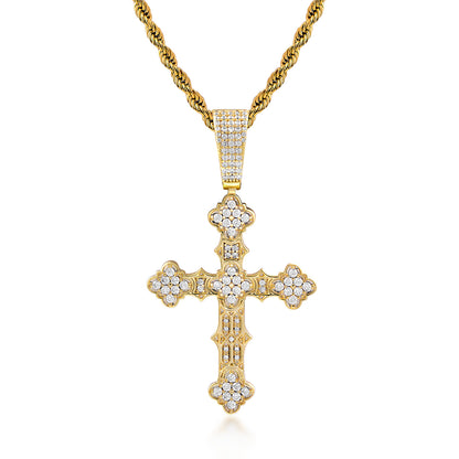 Fthway Royal Cross – Intricate Moissanite Pendant in Gold-Plated Sterling Silver