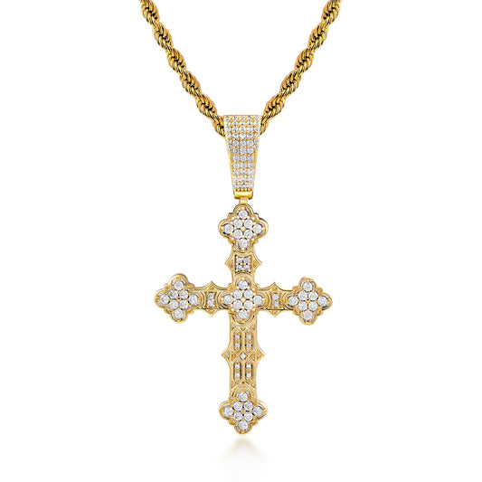 Fthway Royal Cross – Intricate Moissanite Pendant in Gold-Plated Sterling Silver