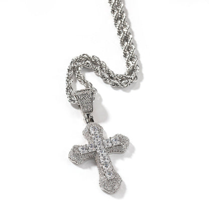 Hip Hop Blue CZ Cross Necklace for Men – Heavy Punk Style Pendant with Stainless Steel Twist Rope Chain