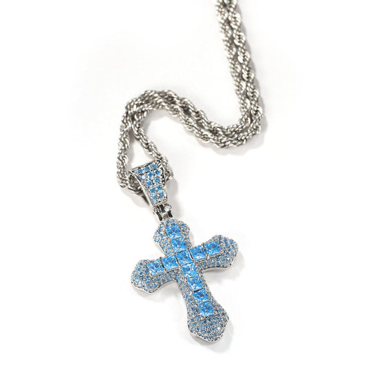 Hip Hop Blue CZ Cross Necklace for Men – Heavy Punk Style Pendant with Stainless Steel Twist Rope Chain