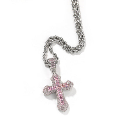 Hip Hop Blue CZ Cross Necklace for Men – Heavy Punk Style Pendant with Stainless Steel Twist Rope Chain